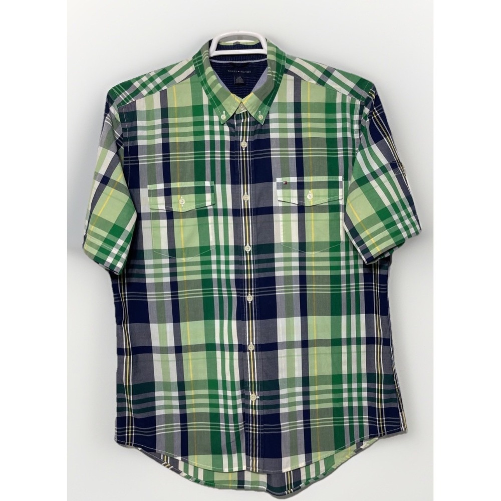 Tommy Hilfiger‎ Shirt Mens Plaid Button Up Short Roll Tab Sleeve Large Green